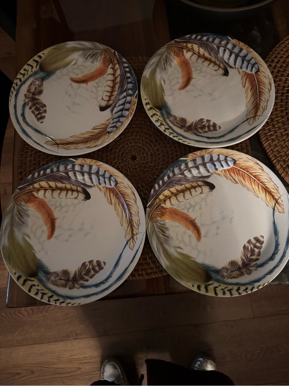 Decorative Feather Salad Plates - White with Multicolor Feather Design(4) 9 in